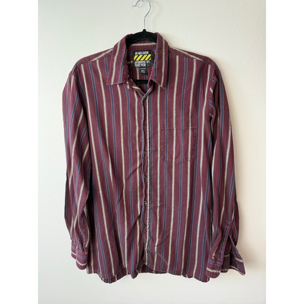 Big Rock Canyon Mens Large Burgundy Striped Long Sleeve Button Down Cotton Shirt